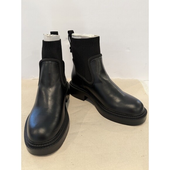 Zara Black Leather Black Ribbed Sock Ankle Boots Chelsea Women US 7.5 EUR 38 - Picture 9 of 15